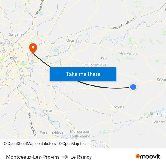 Montceaux-Les-Provins to Le Raincy map