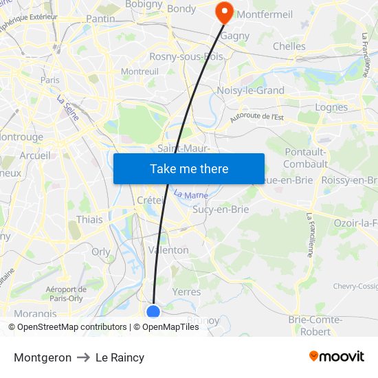 Montgeron to Le Raincy map