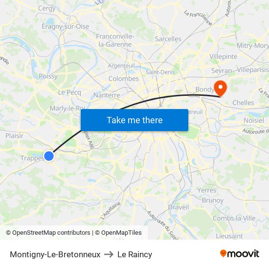 Montigny-Le-Bretonneux to Le Raincy map