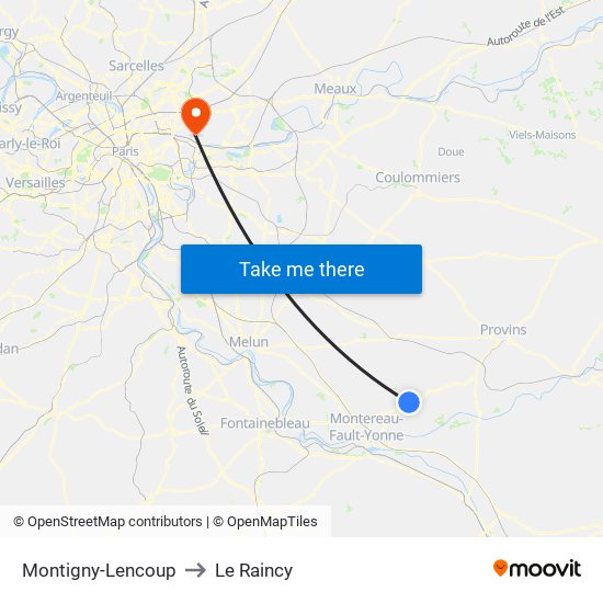 Montigny-Lencoup to Le Raincy map