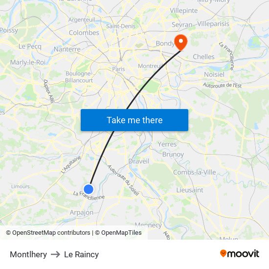 Montlhery to Le Raincy map