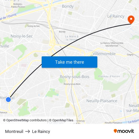 Montreuil to Le Raincy map