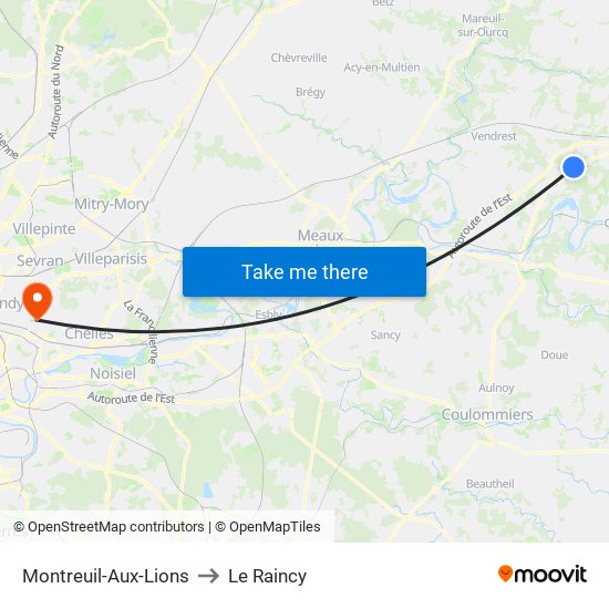 Montreuil-Aux-Lions to Le Raincy map