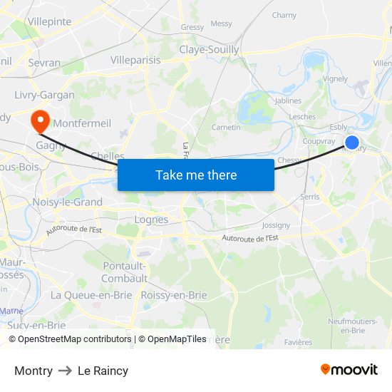 Montry to Le Raincy map