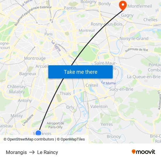 Morangis to Le Raincy map