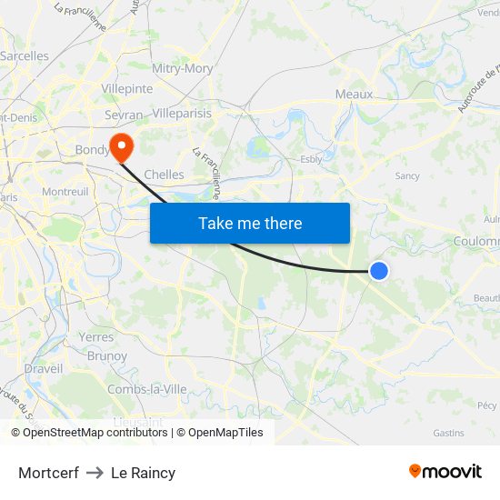 Mortcerf to Le Raincy map