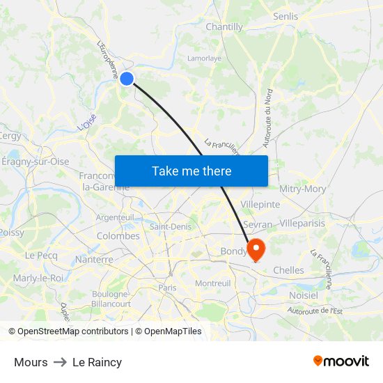 Mours to Le Raincy map