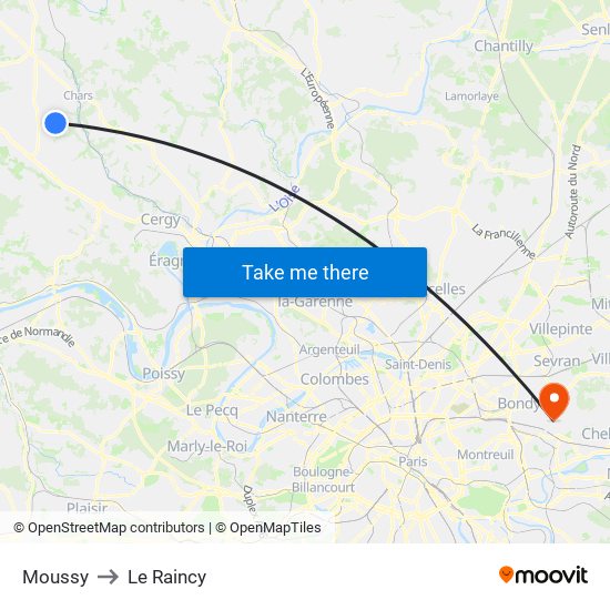 Moussy to Le Raincy map