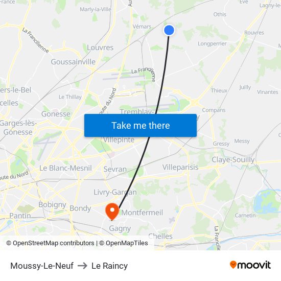 Moussy-Le-Neuf to Le Raincy map