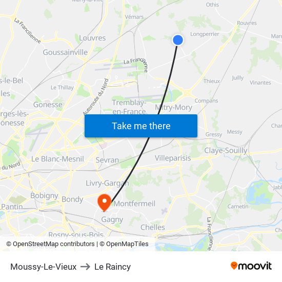Moussy-Le-Vieux to Le Raincy map