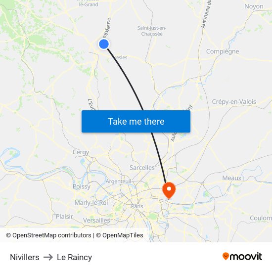 Nivillers to Le Raincy map