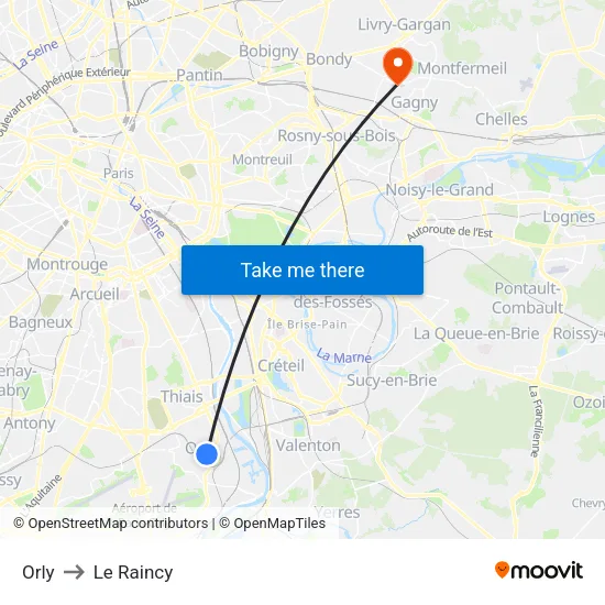Orly to Le Raincy map