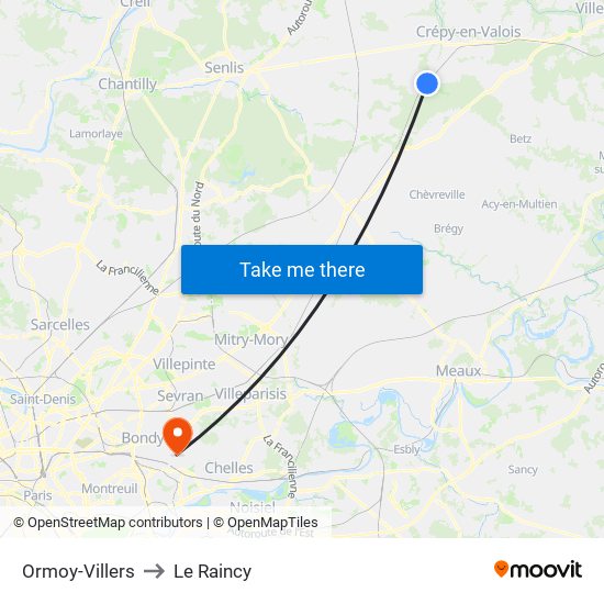 Ormoy-Villers to Le Raincy map