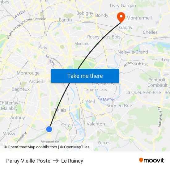 Paray-Vieille-Poste to Le Raincy map