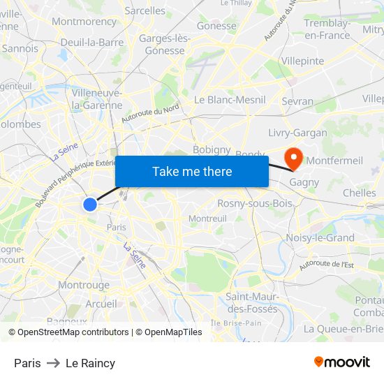 Paris to Le Raincy map