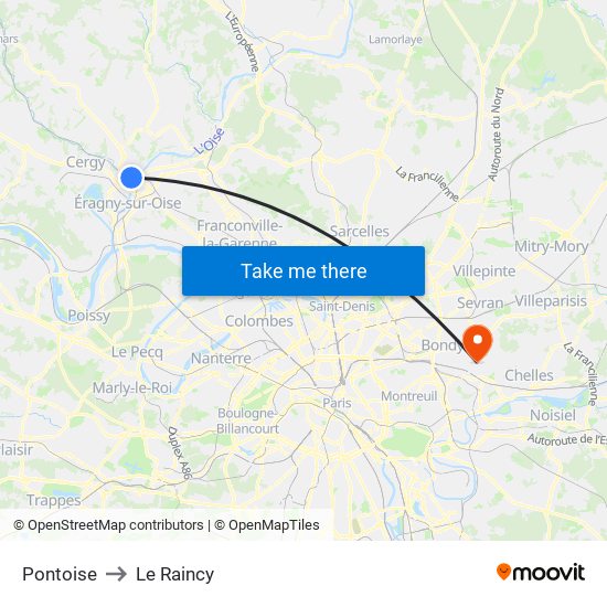 Pontoise to Le Raincy map