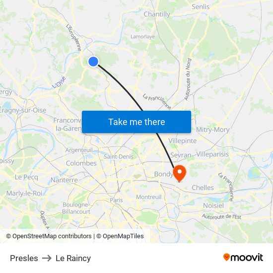 Presles to Le Raincy map