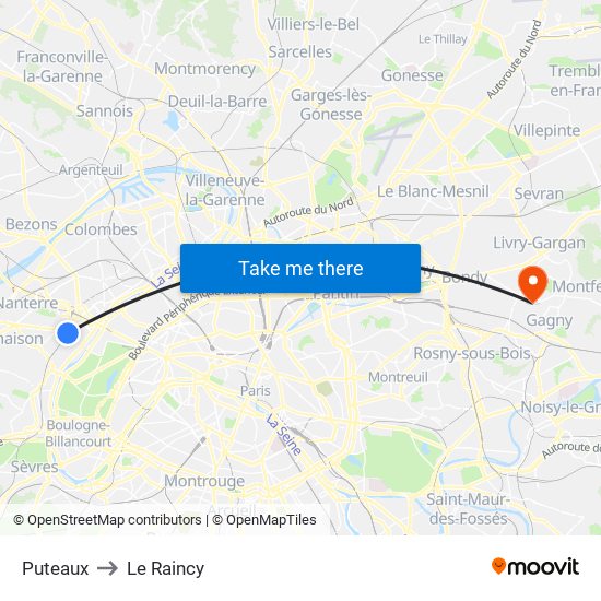 Puteaux to Le Raincy map