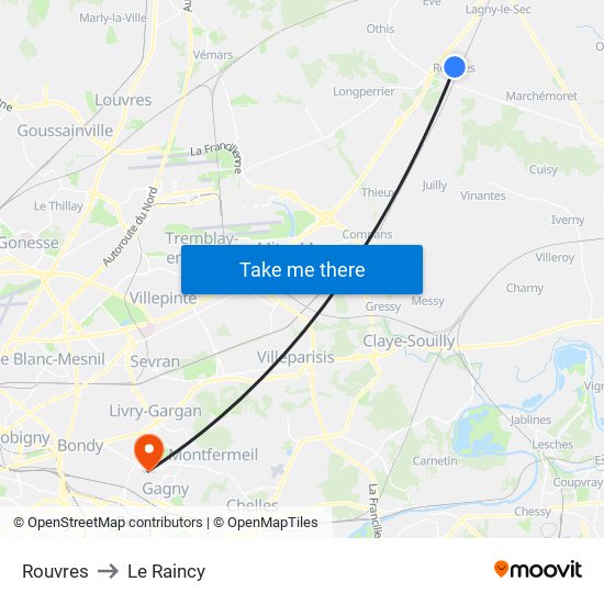 Rouvres to Le Raincy map