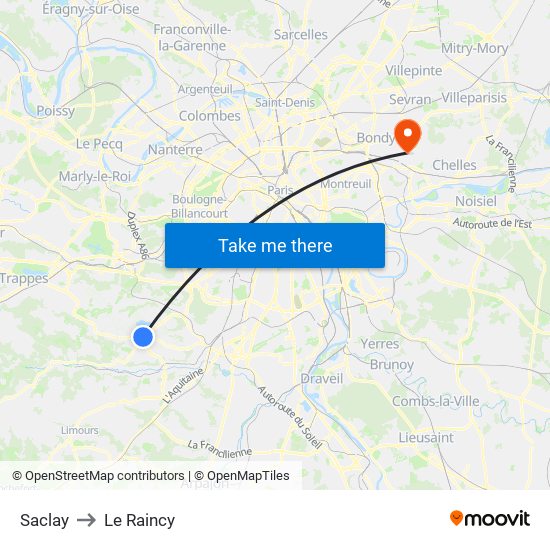 Saclay to Le Raincy map