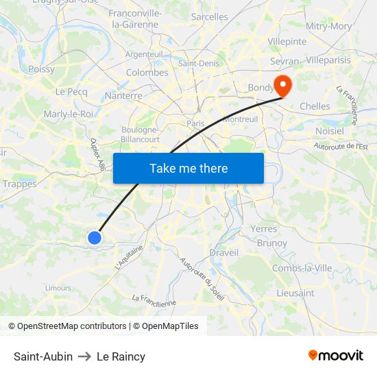 Saint-Aubin to Le Raincy map