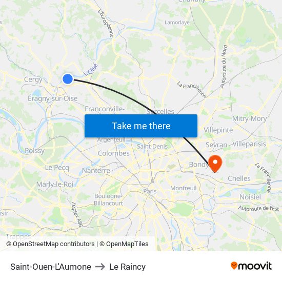 Saint-Ouen-L'Aumone to Le Raincy map