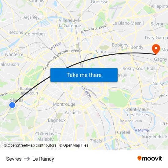 Sevres to Le Raincy map