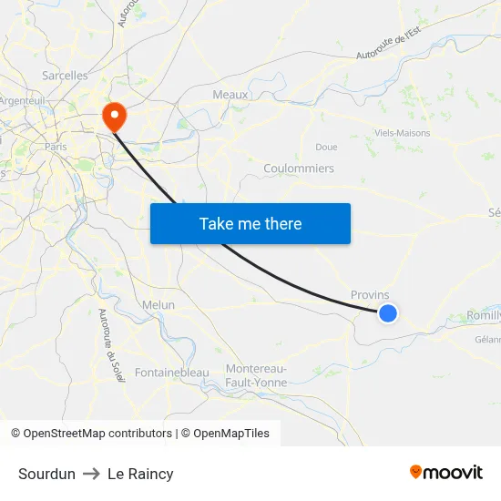 Sourdun to Le Raincy map