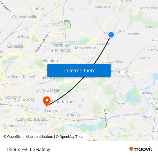 Thieux to Le Raincy map