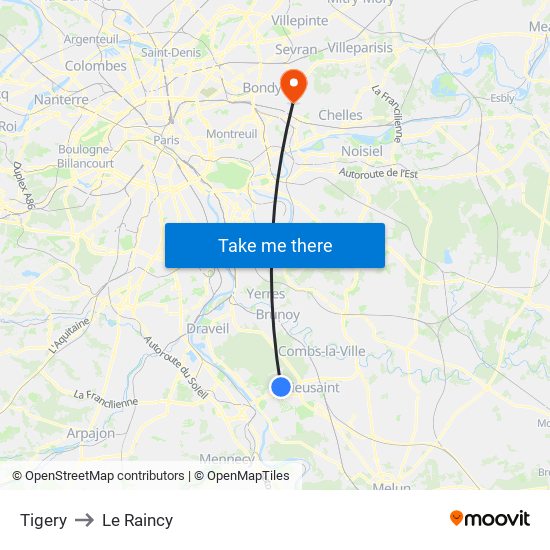 Tigery to Le Raincy map