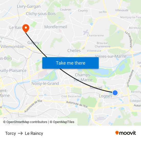 Torcy to Le Raincy map