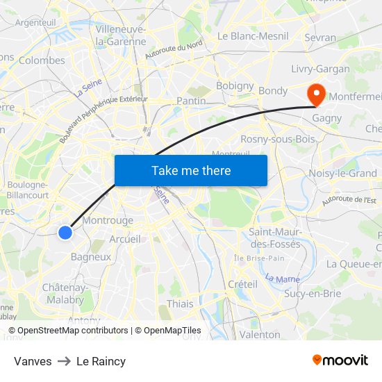 Vanves to Le Raincy map