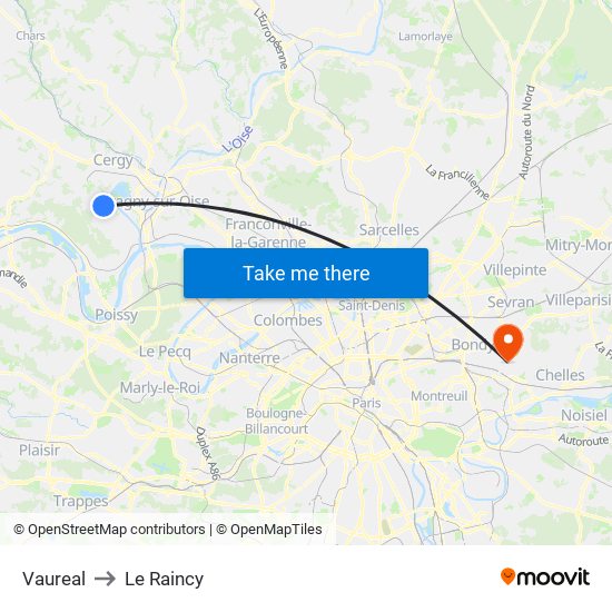 Vaureal to Le Raincy map