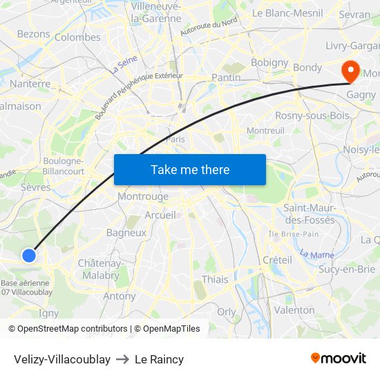 Velizy-Villacoublay to Le Raincy map