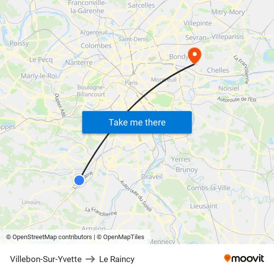 Villebon-Sur-Yvette to Le Raincy map