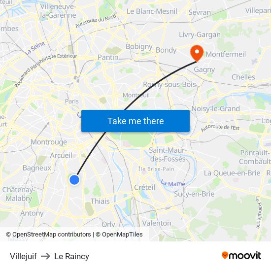 Villejuif to Le Raincy map