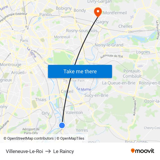 Villeneuve-Le-Roi to Le Raincy map