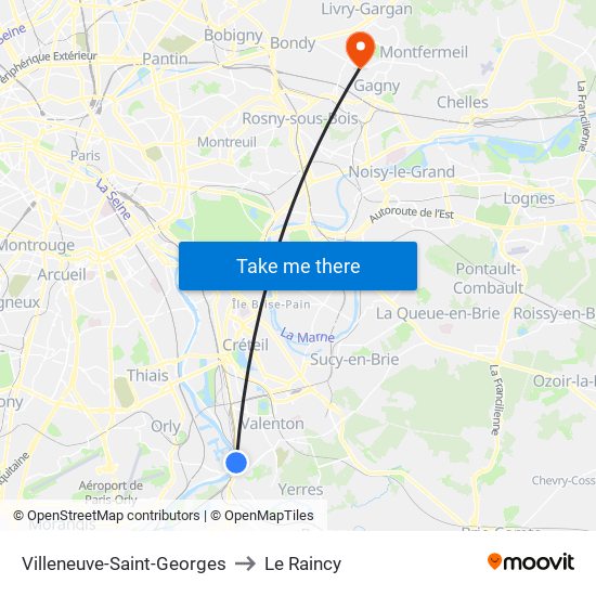 Villeneuve-Saint-Georges to Le Raincy map