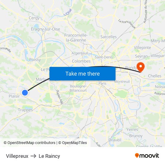 Villepreux to Le Raincy map