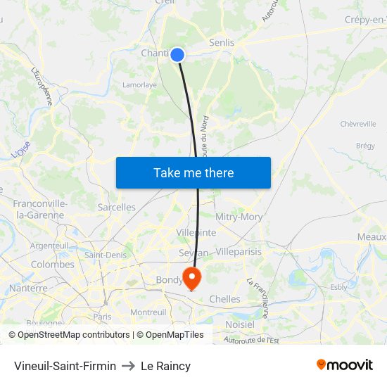 Vineuil-Saint-Firmin to Le Raincy map