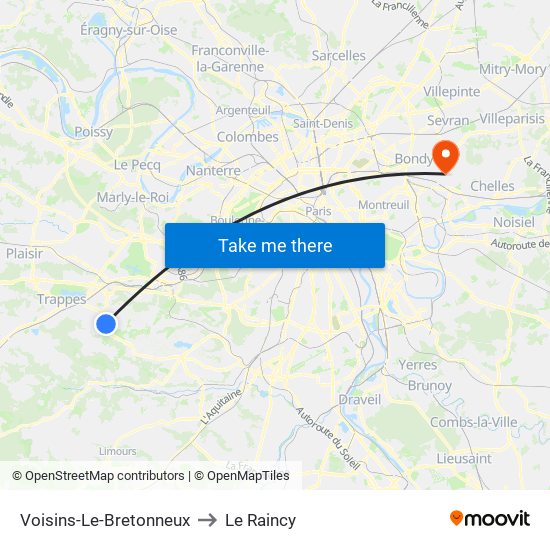 Voisins-Le-Bretonneux to Le Raincy map