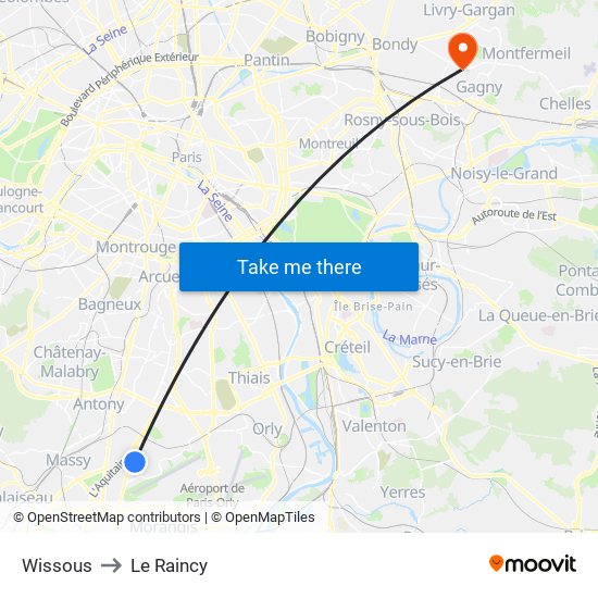 Wissous to Le Raincy map