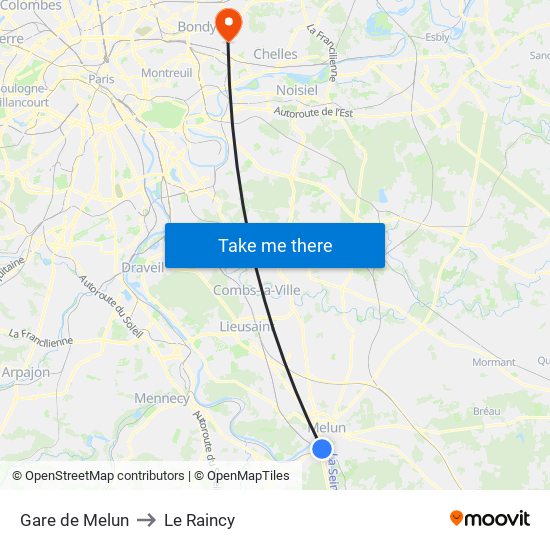 Gare de Melun to Le Raincy map