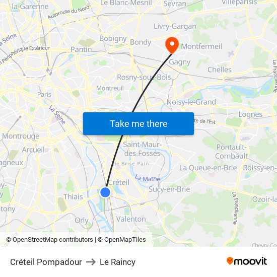 Créteil Pompadour to Le Raincy map