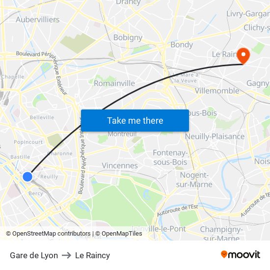 Gare de Lyon to Le Raincy map