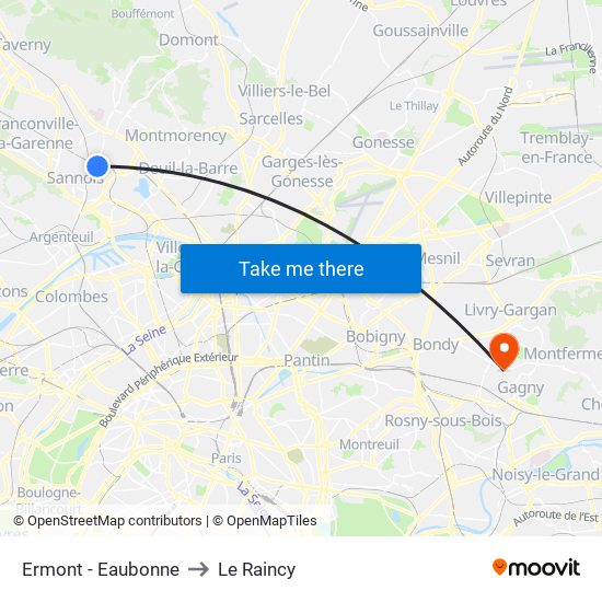 Ermont - Eaubonne to Le Raincy map