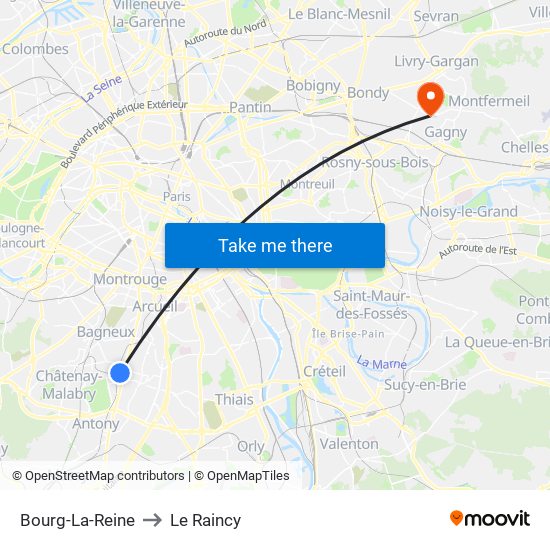 Bourg-La-Reine to Le Raincy map