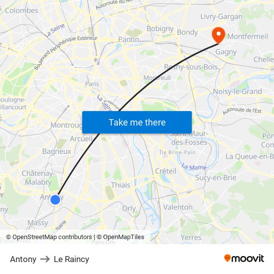Antony to Le Raincy map