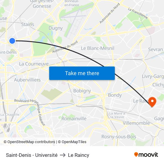 Saint-Denis - Université to Le Raincy map