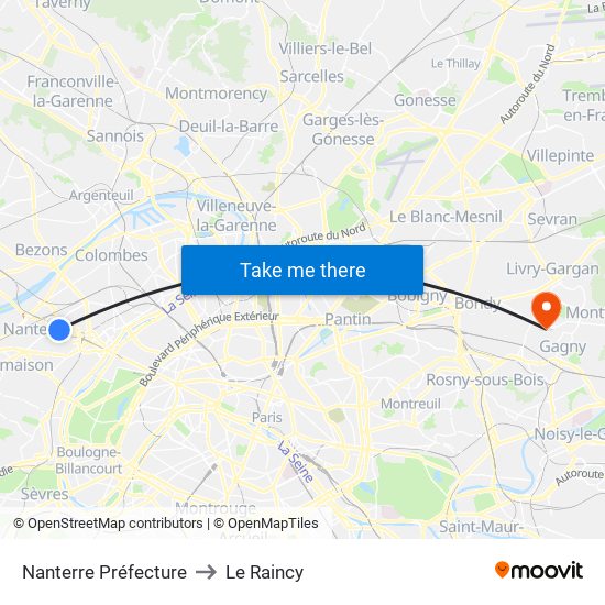 Nanterre Préfecture to Le Raincy map